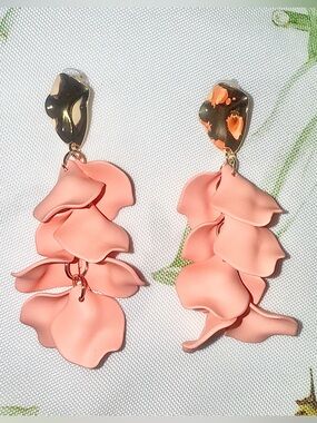 Coral & Gold-toned Petal Dangle Drop Statement Fashionable Jewelry Earrings